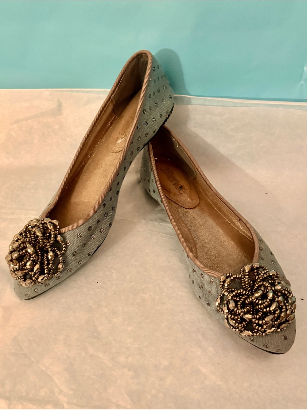 Vintage Rare Y2K J. Renee “GeezeLouise” Ballet Flat Blue / Silver Dots Beaded